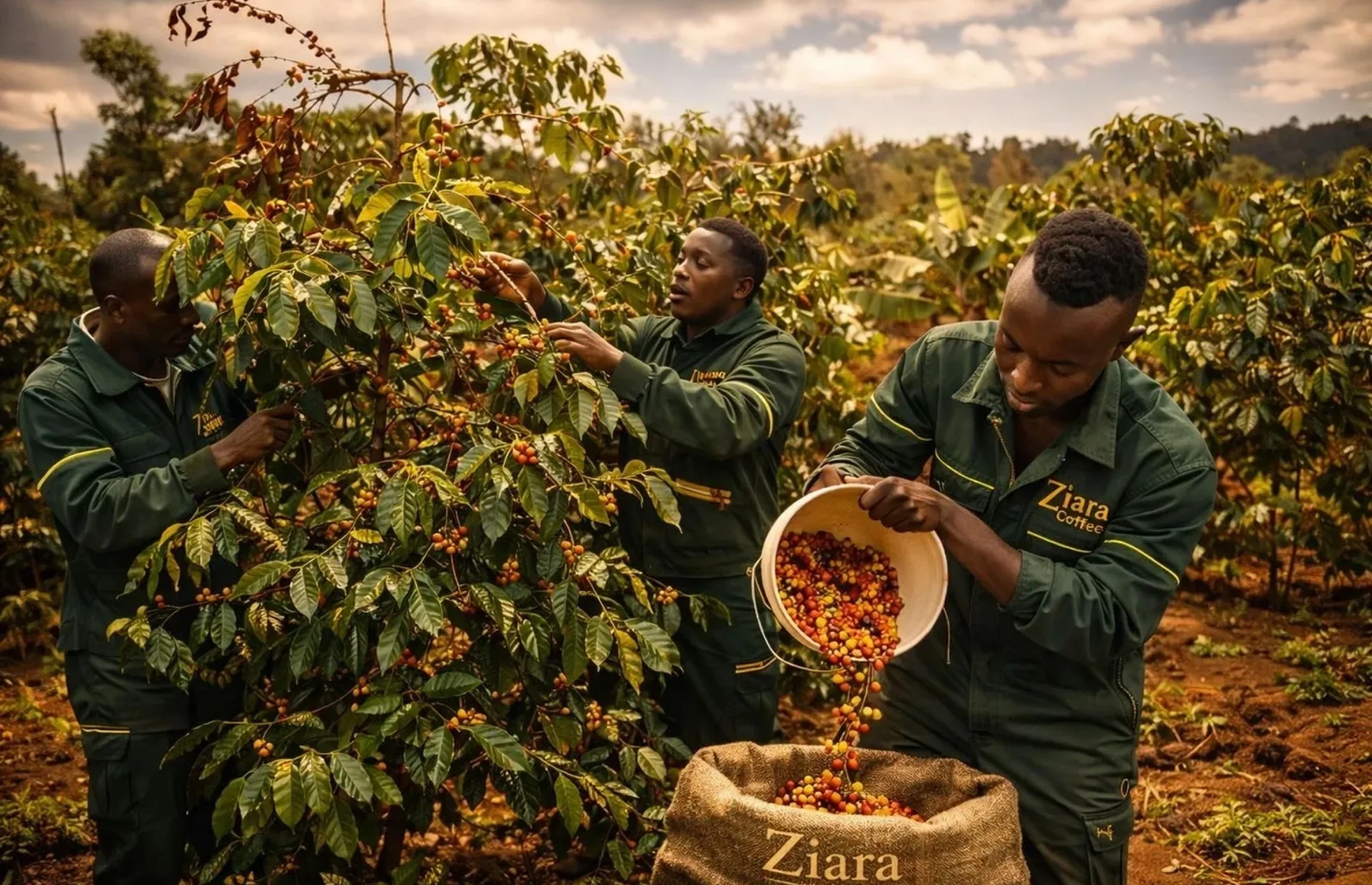 Men in green uniforms harvesting coffee beans